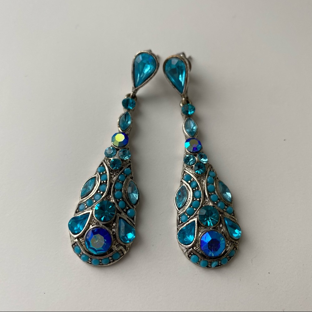 🌻Blue Sparkly Rhinestone Dangle Drop Earrings Costume Jewelry